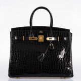 Hermes Birkin 35 Black Shiny Porosus Crocodile with Gold Hardware