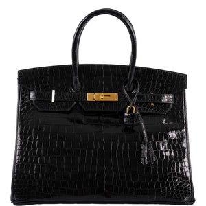 Hermes Birkin 35 Black Shiny Porosus Crocodile with Gold Hardware