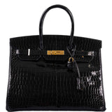Hermes Birkin 35 Black Shiny Porosus Crocodile with Gold Hardware