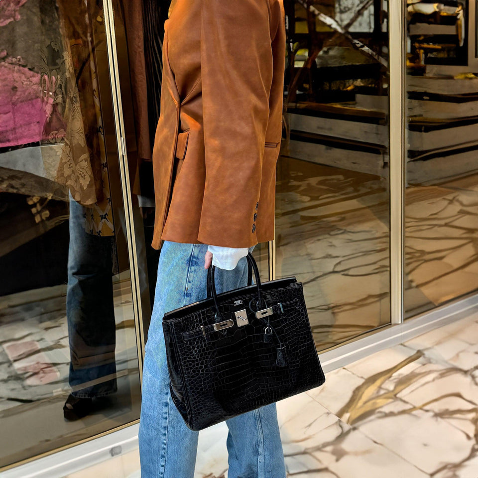 Hermes Birkin 35 Black Shiny Porosus Crocodile with Palladium Hardware
