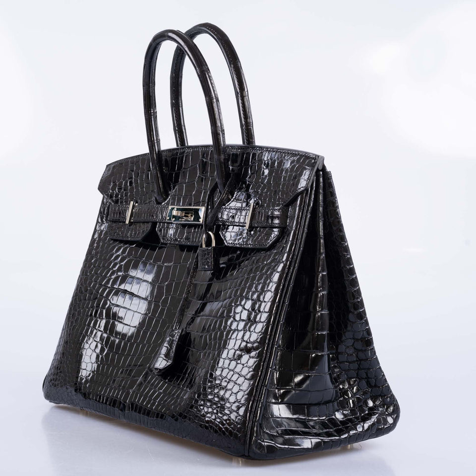 Hermes Birkin 35 Black Shiny Porosus Crocodile with Palladium Hardware