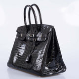 Hermes Birkin 35 Black Shiny Porosus Crocodile with Palladium Hardware