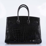 Hermes Birkin 35 Black Shiny Porosus Crocodile with Palladium Hardware