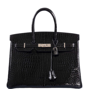 Hermes Birkin 35 Black Shiny Porosus Crocodile with Palladium Hardware