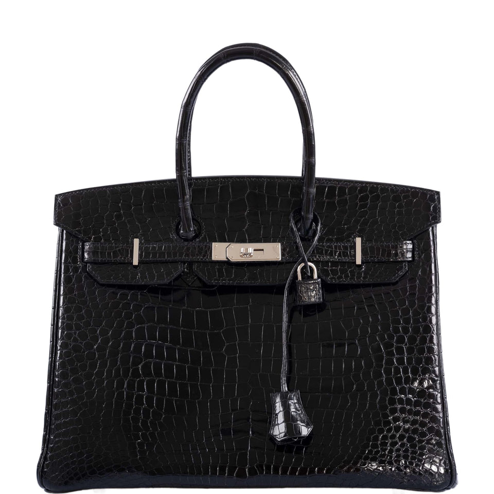 Hermes Birkin 35 Black Shiny Porosus Crocodile with Palladium Hardware