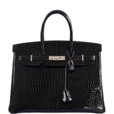 Hermes Birkin 35 Black Shiny Porosus Crocodile with Palladium Hardware