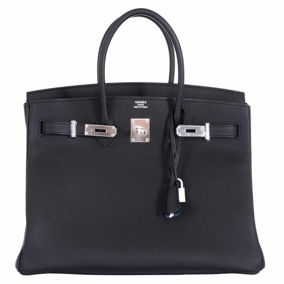 Hermes Birkin 35 Black Togo Verso Blue Agate Chevre Palladium Hardware