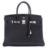 Hermes Birkin 35 Black Togo Verso Blue Agate Chevre Palladium Hardware