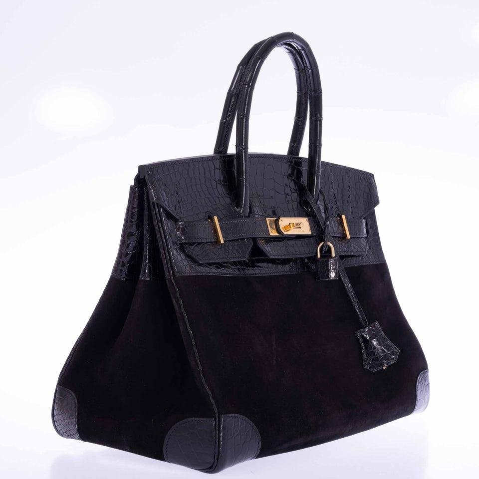 Hermes Birkin 35 Black Veau Doblis Suede & Black Porosus Crocodile Gold Hardware