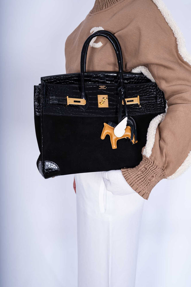 Hermes Birkin 35 Black Veau Doblis Suede & Black Porosus Crocodile Gold Hardware