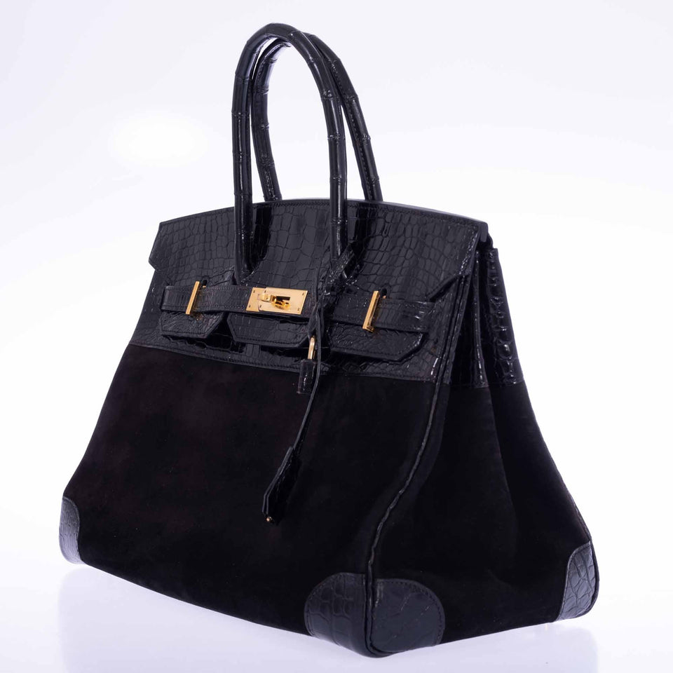 Hermes Birkin 35 Black Veau Doblis Suede & Black Porosus Crocodile Gold Hardware