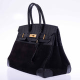 Hermes Birkin 35 Black Veau Doblis Suede & Black Porosus Crocodile Gold Hardware