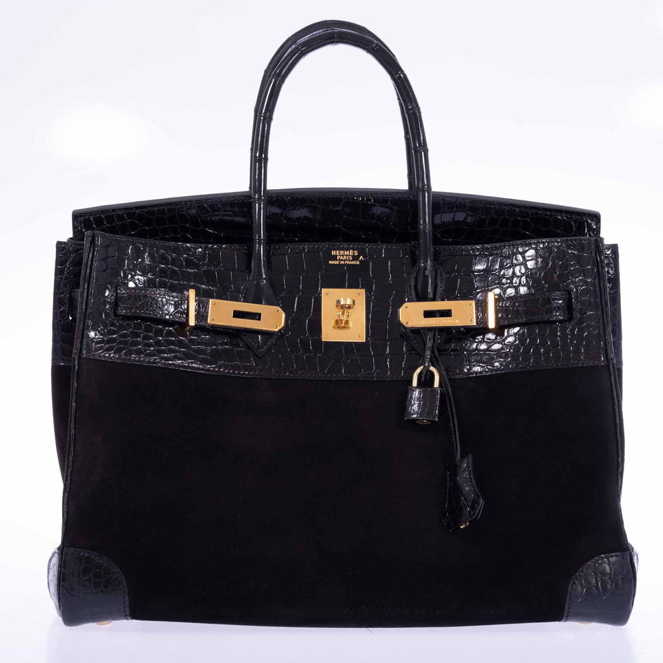 Hermes Birkin 35 Black Veau Doblis Suede & Black Porosus Crocodile Gold Hardware