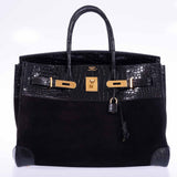 Hermes Birkin 35 Black Veau Doblis Suede & Black Porosus Crocodile Gold Hardware