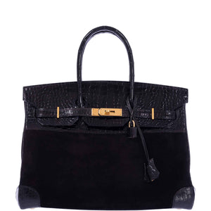 Hermes Birkin 35 Black Veau Doblis Suede & Black Porosus Crocodile Gold Hardware
