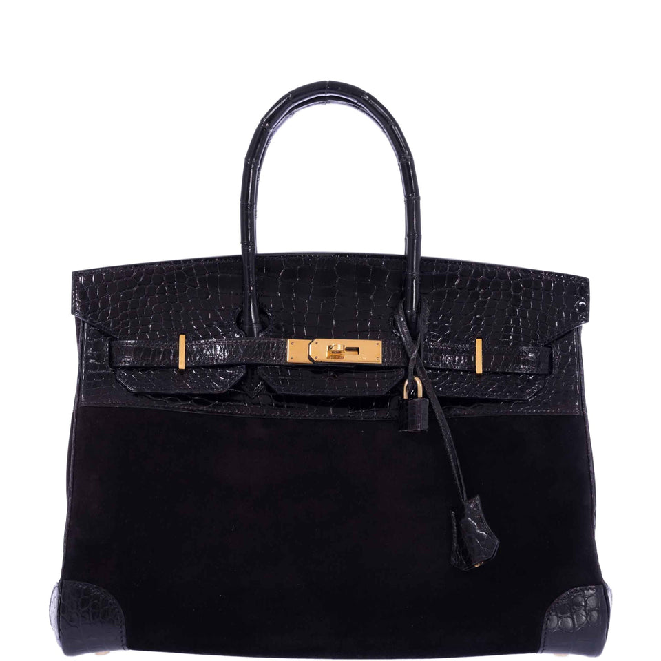 Hermes Birkin 35 Black Veau Doblis Suede & Black Porosus Crocodile Gold Hardware