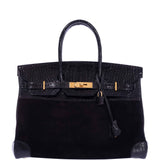 Hermes Birkin 35 Black Veau Doblis Suede & Black Porosus Crocodile Gold Hardware