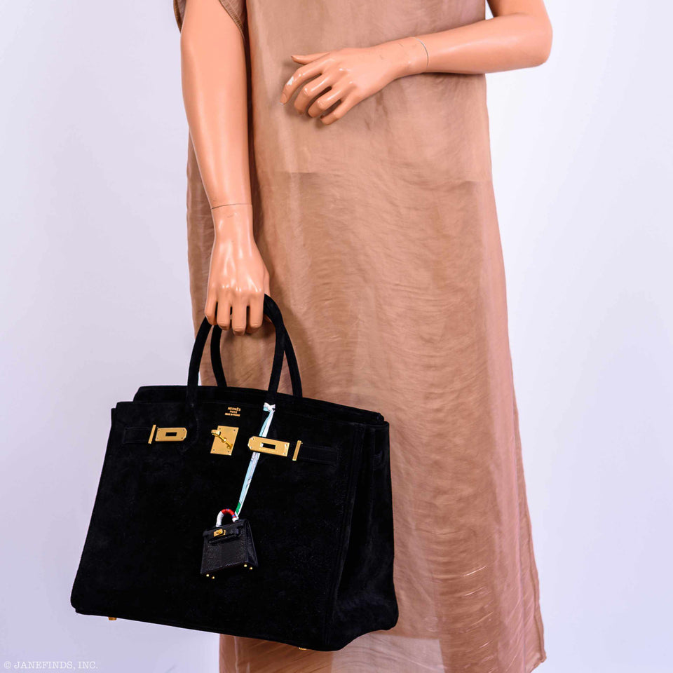 Hermes Birkin 35 Black Veau Velours Suede Gold Hardware