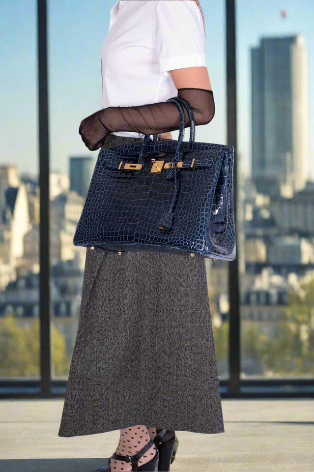 Hermes Birkin 35 Bleu Baltique Shiny Porosus Crocodile Gold Hardware