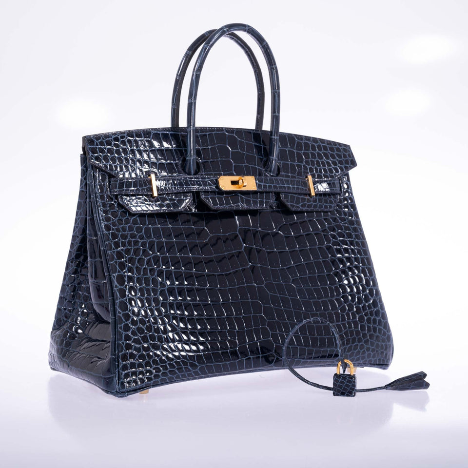 Hermes Birkin 35 Bleu Baltique Shiny Porosus Crocodile Gold Hardware