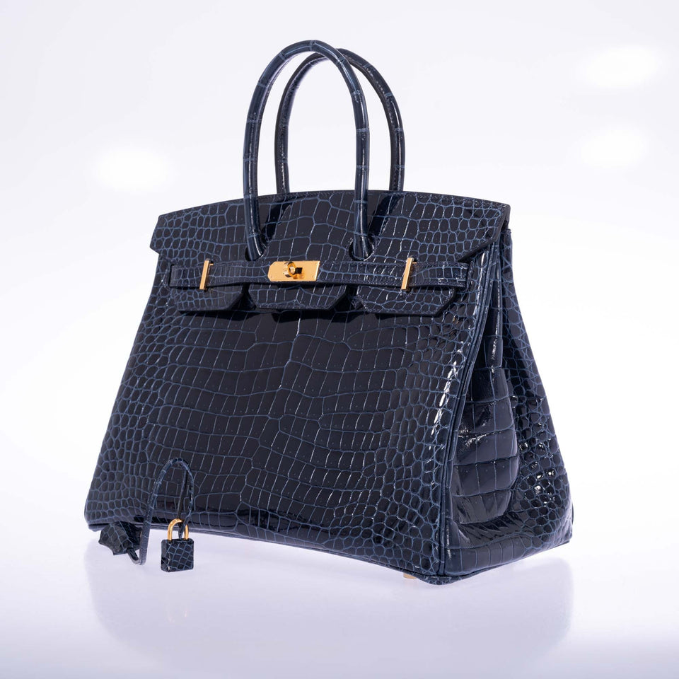 Hermes Birkin 35 Bleu Baltique Shiny Porosus Crocodile Gold Hardware