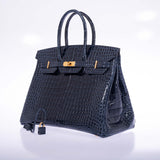 Hermes Birkin 35 Bleu Baltique Shiny Porosus Crocodile Gold Hardware