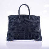 Hermes Birkin 35 Bleu Baltique Shiny Porosus Crocodile Gold Hardware