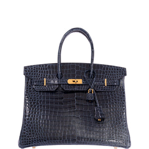 Hermes Birkin 35 Bleu Baltique Shiny Porosus Crocodile Gold Hardware