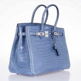 Hermes Birkin 35 Bleu Brighton Porosus Crocodile Palladium Hardware