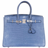 Hermes Birkin 35 Bleu Brighton Porosus Crocodile Palladium Hardware
