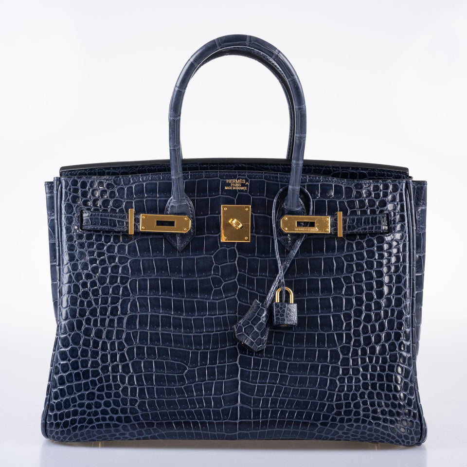 Hermes Birkin 35 Blue Abysse Shiny Porosus Crocodile Gold Hardware