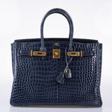 Hermes Birkin 35 Blue Abysse Shiny Porosus Crocodile Gold Hardware