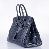 Hermes Birkin 35 Blue Abysse Shiny Porosus Crocodile Gold Hardware