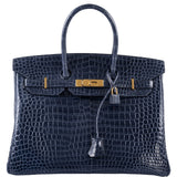 Hermes Birkin 35 Blue Abysse Shiny Porosus Crocodile Gold Hardware