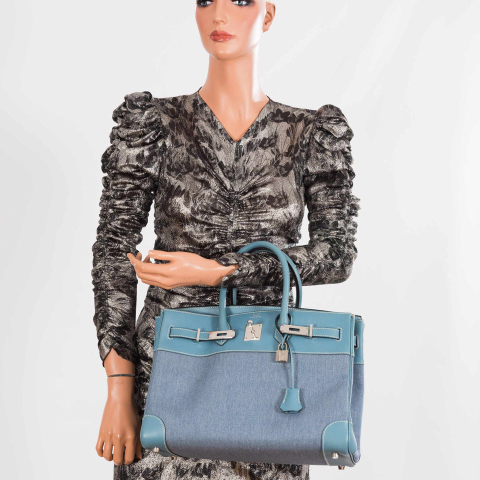 Hermes Birkin 35 Blue Denim And Blue Jean Epsom Contrast Stitching Palladium Hardware