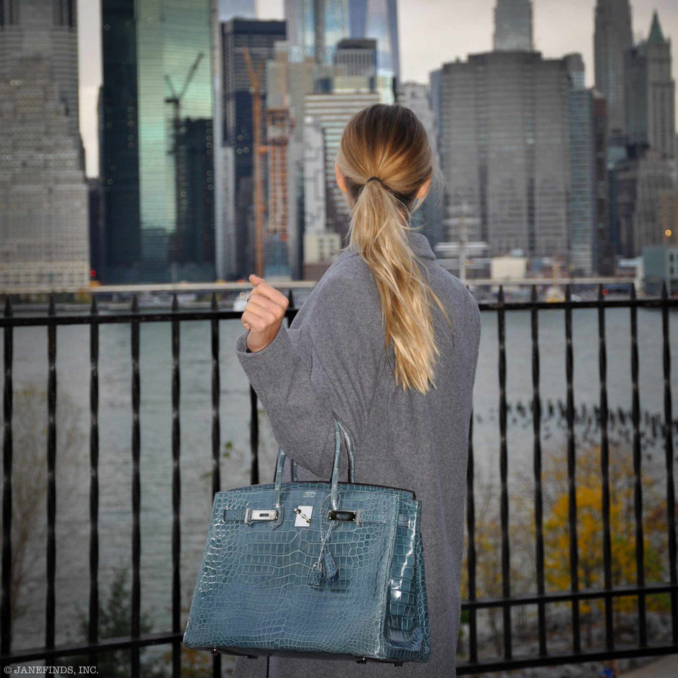 Hermes Birkin 35 Blue Jean Porosus Crocodile Palladium Hardware