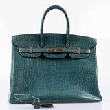 Hermes Birkin 35 Blue Jean Porosus Crocodile Palladium Hardware