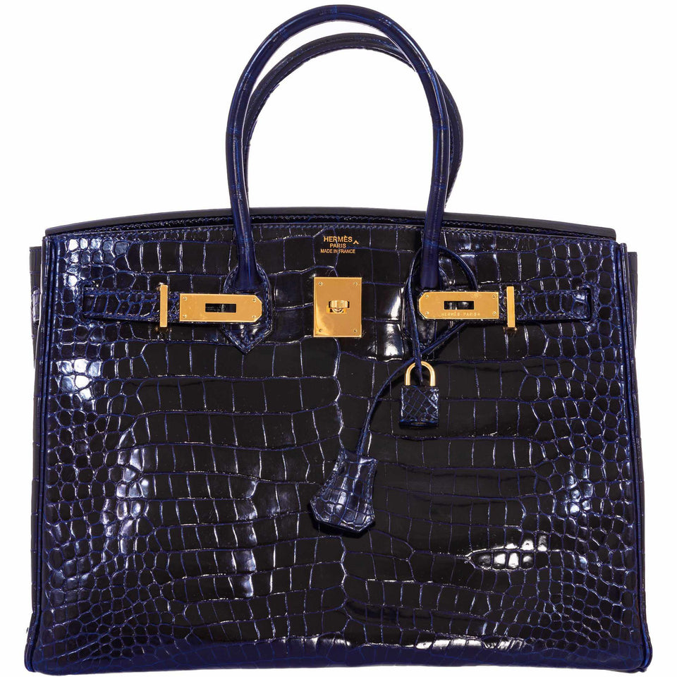 Hermes Birkin 35 Blue Marine Shiny Porosus Crocodile Gold Hardware