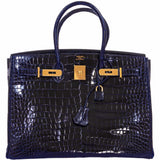 Hermes Birkin 35 Blue Marine Shiny Porosus Crocodile Gold Hardware