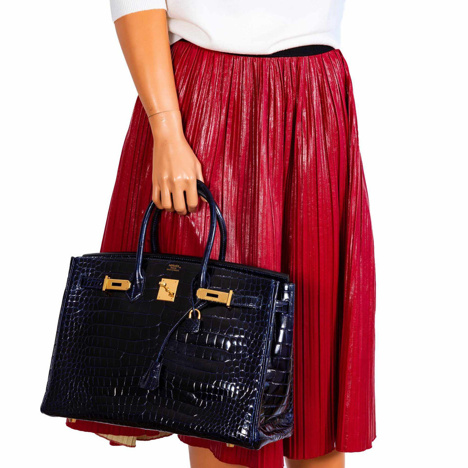 Hermes Birkin 35 Blue Marine Shiny Porosus Crocodile Gold Hardware