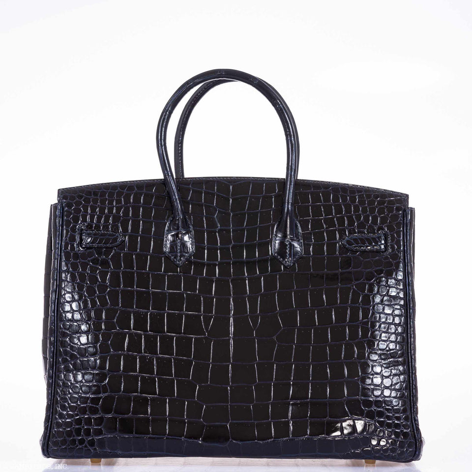 Hermes Birkin 35 Blue Marine Shiny Porosus Crocodile Gold Hardware