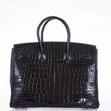 Hermes Birkin 35 Blue Marine Shiny Porosus Crocodile Gold Hardware