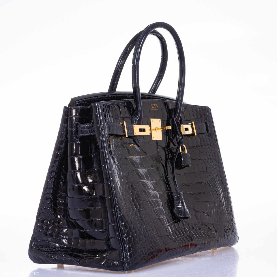 Hermes Birkin 35 Blue Marine Shiny Porosus Crocodile Gold Hardware