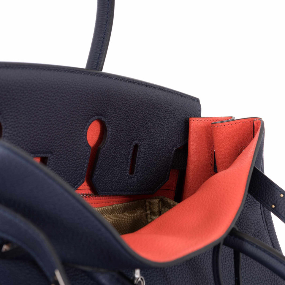Hermes Birkin 35 Blue Nuit Verso Orange Poppy Togo Palladium Hardware