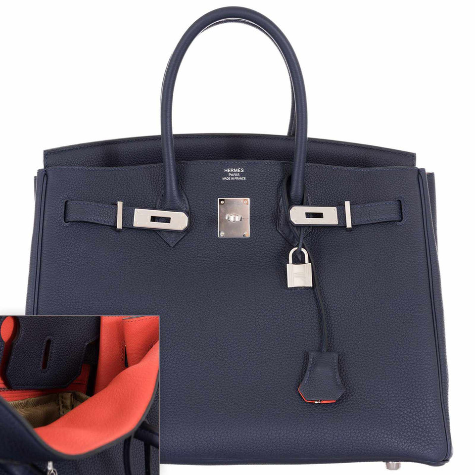 Hermes Birkin 35 Blue Nuit Verso Orange Poppy Togo Palladium Hardware