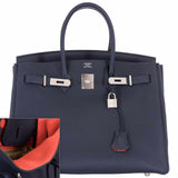 Hermes Birkin 35 Blue Nuit Verso Orange Poppy Togo Palladium Hardware