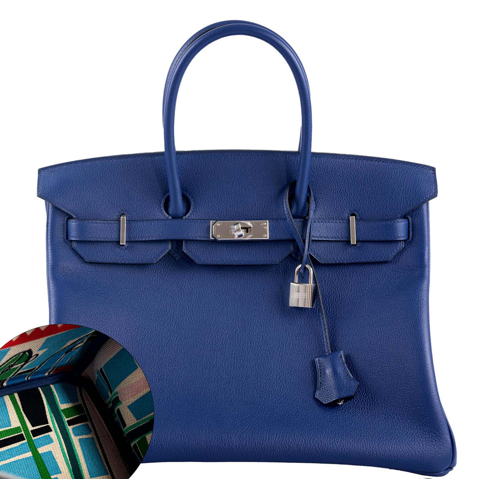 Hermes Birkin 35 Blue Sapphire Novillo with 'Sea, Surf and Fun' Interior Palladium Hardware