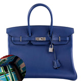 Hermes Birkin 35 Blue Sapphire Novillo with 'Sea, Surf and Fun' Interior Palladium Hardware