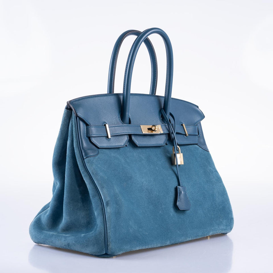 Hermes Birkin 35 Blue Thalassa Grizzly Suede, Swift Permabrass Hardware