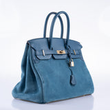Hermes Birkin 35 Blue Thalassa Grizzly Suede, Swift Permabrass Hardware